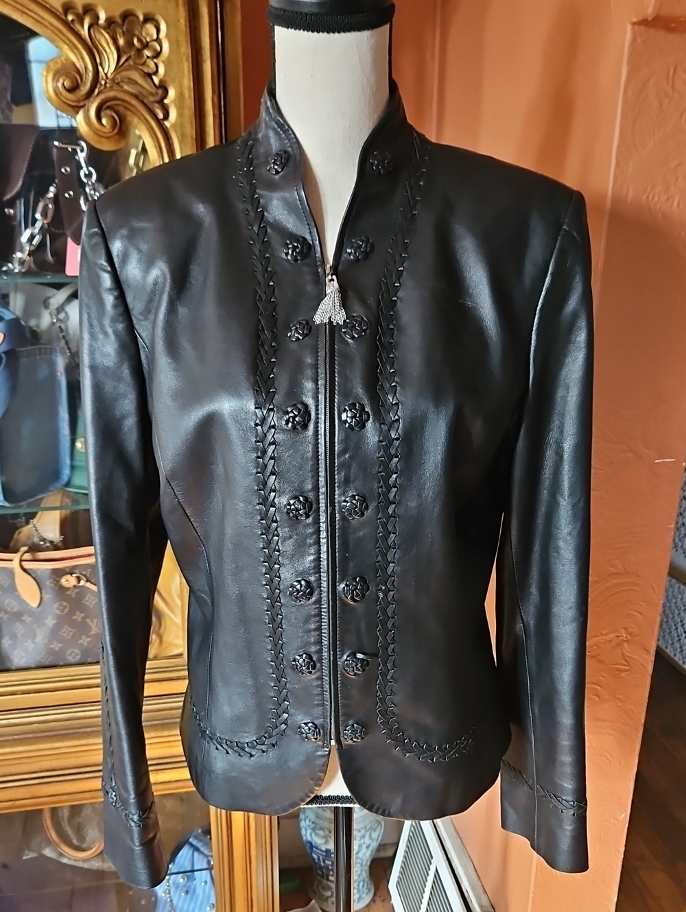 St. John Collection Black Braided-Trim Leather Jacket with Tassel Zip
